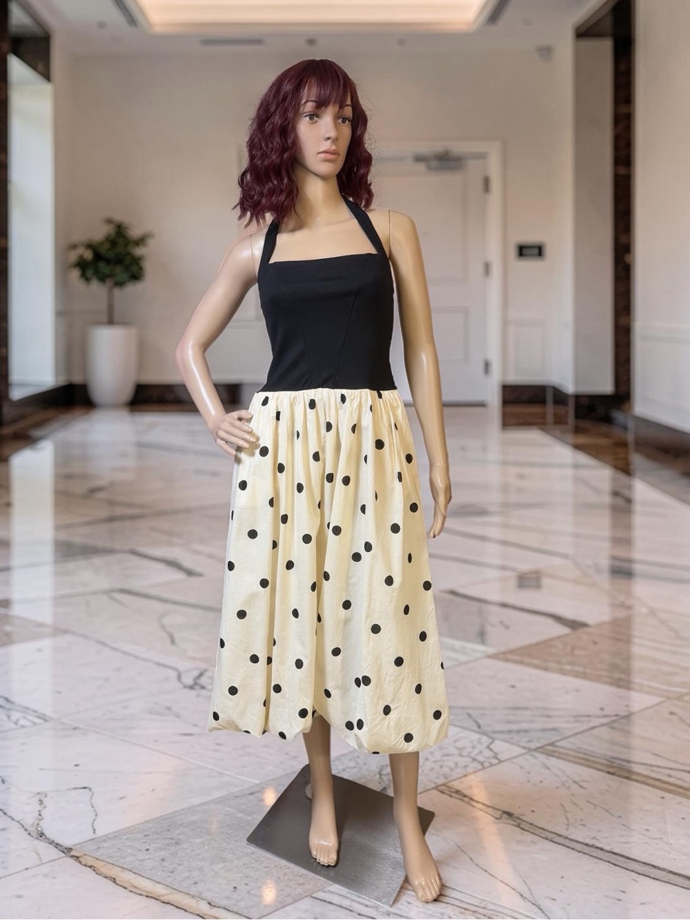 Trixxi NWT Sz S Retro Black Halter Creme Bodice Polka Dot Flare Midi Skirt 0844